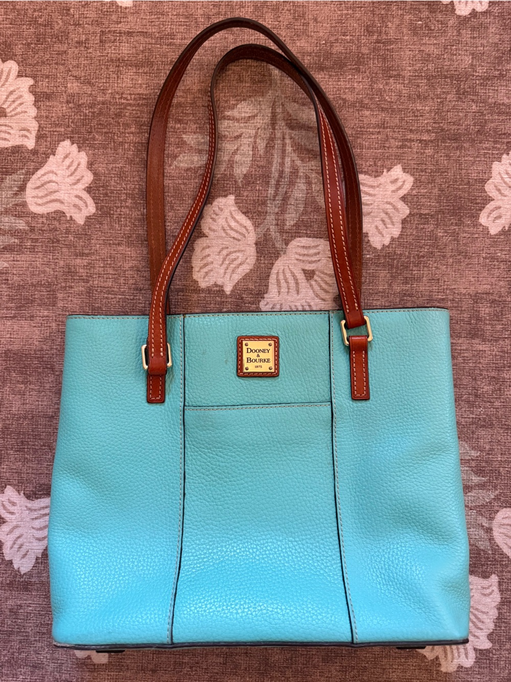 Dooney & Bourke Turquoise Pebbled Leather Tote with Brown Straps
